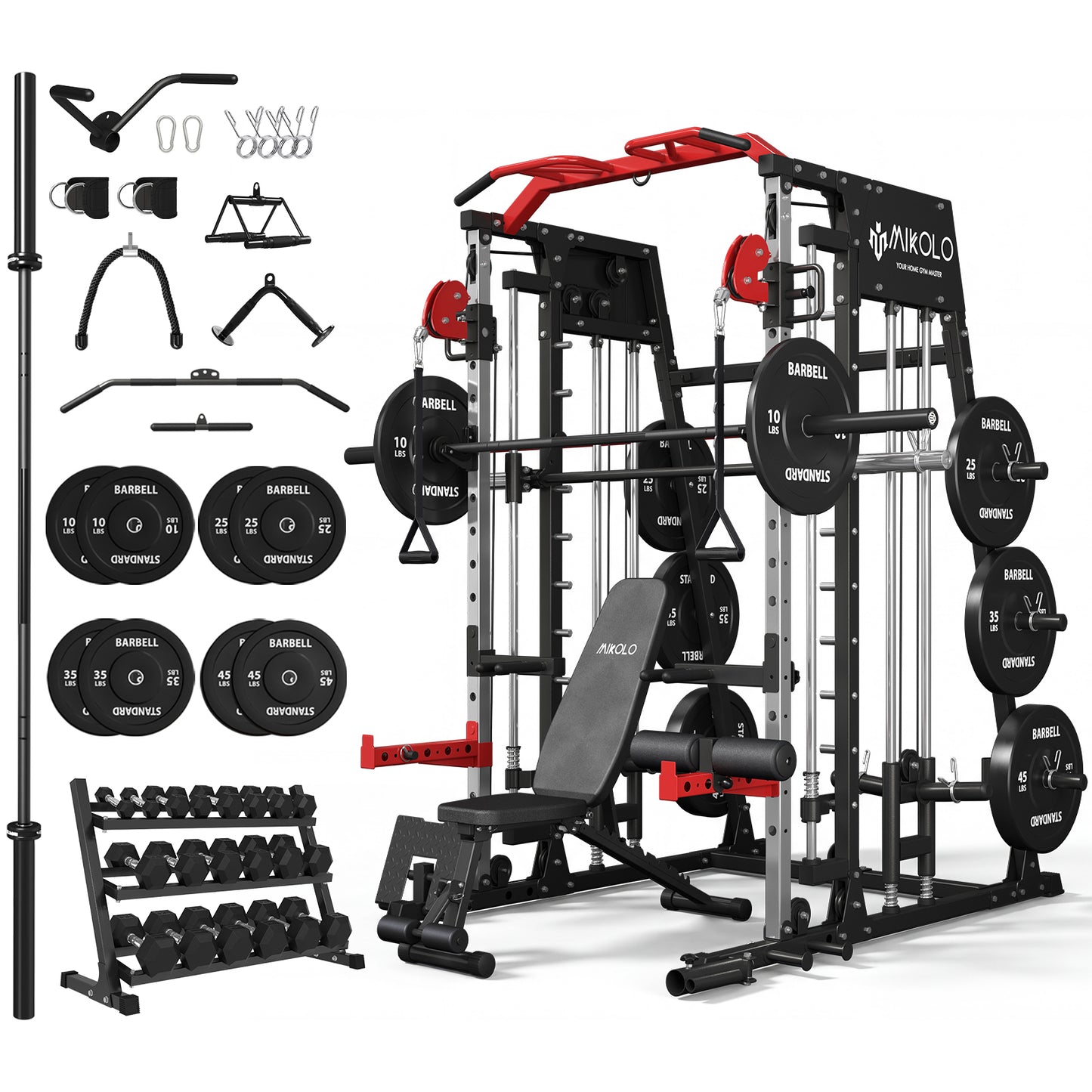 Mikolo M4 Smith Machine Home Gym, 2200 lbs Power Rack Cage with Cable Crossover, Weight Bar, 360° Landmine, Barbell Holders and Other Attachments, Total Body Strength Training Cage