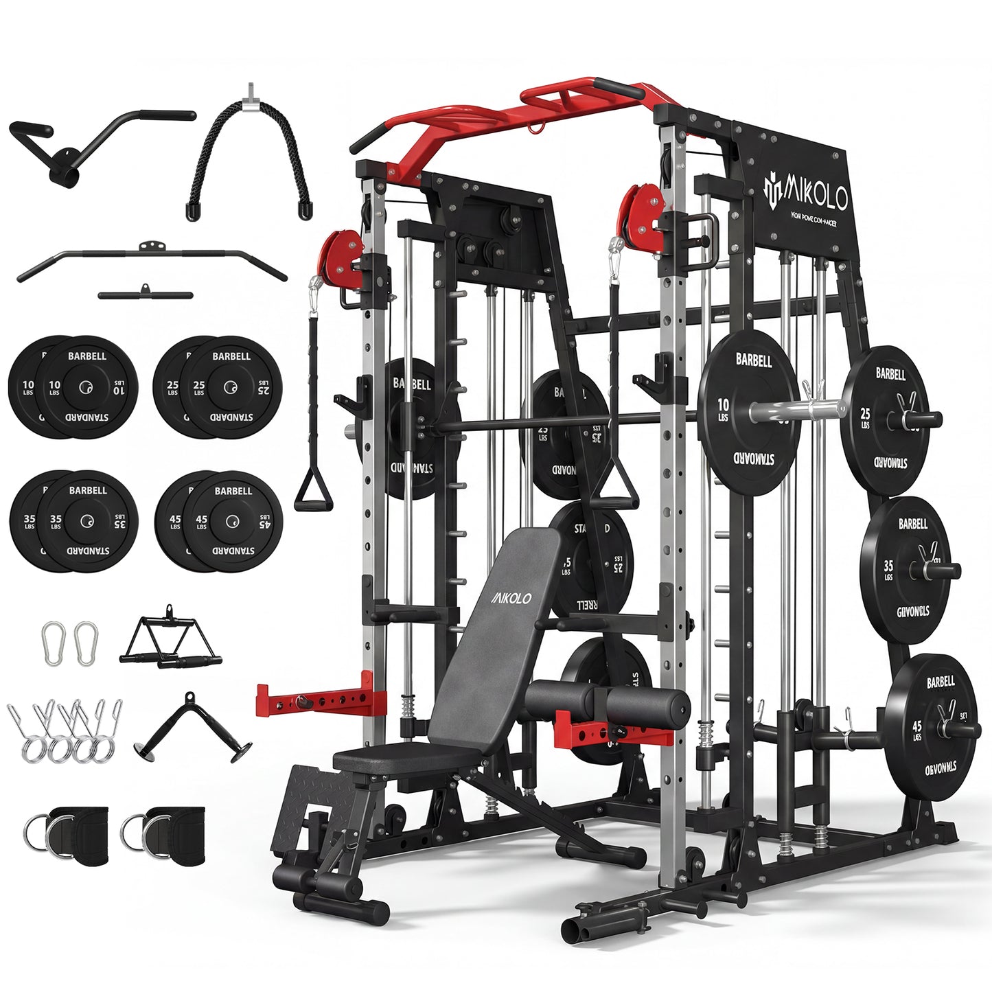 Mikolo M4 Smith Machine Home Gym, 2200 lbs Power Rack Cage with Cable Crossover, Weight Bar, 360° Landmine, Barbell Holders and Other Attachments, Total Body Strength Training Cage