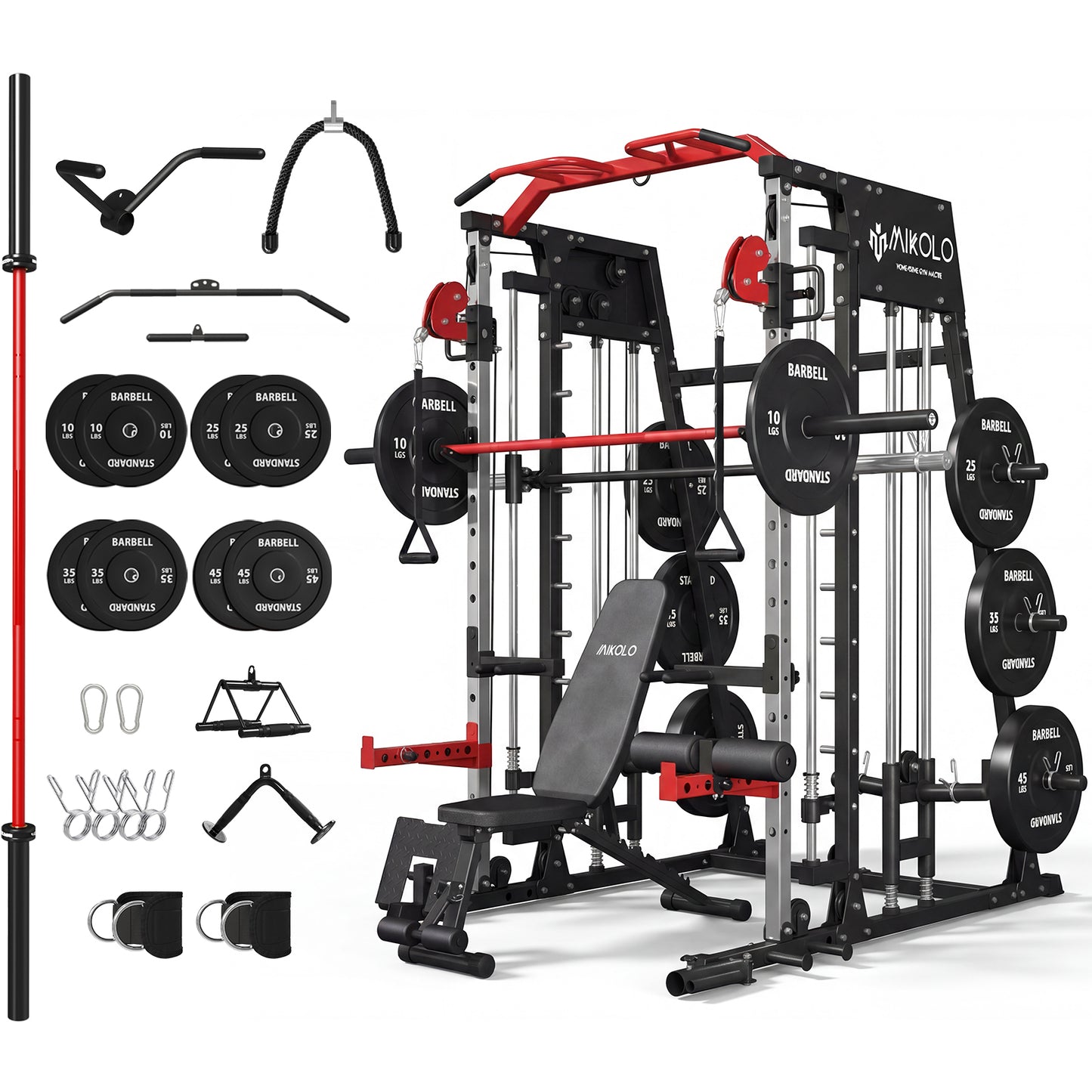 Mikolo M4 Smith Machine Home Gym, 2200 lbs Power Rack Cage with Cable Crossover, Weight Bar, 360° Landmine, Barbell Holders and Other Attachments, Total Body Strength Training Cage
