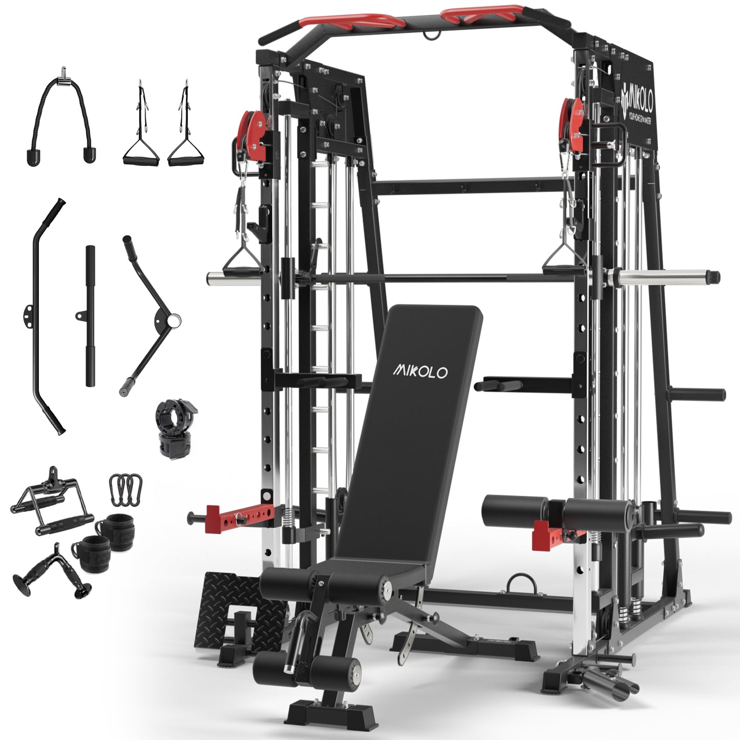 Mikolo Smith Machine Home Gym, 2200 lbs Power Rack Cage with Cable Crossover, Smith Cage with Ultimate Home Package