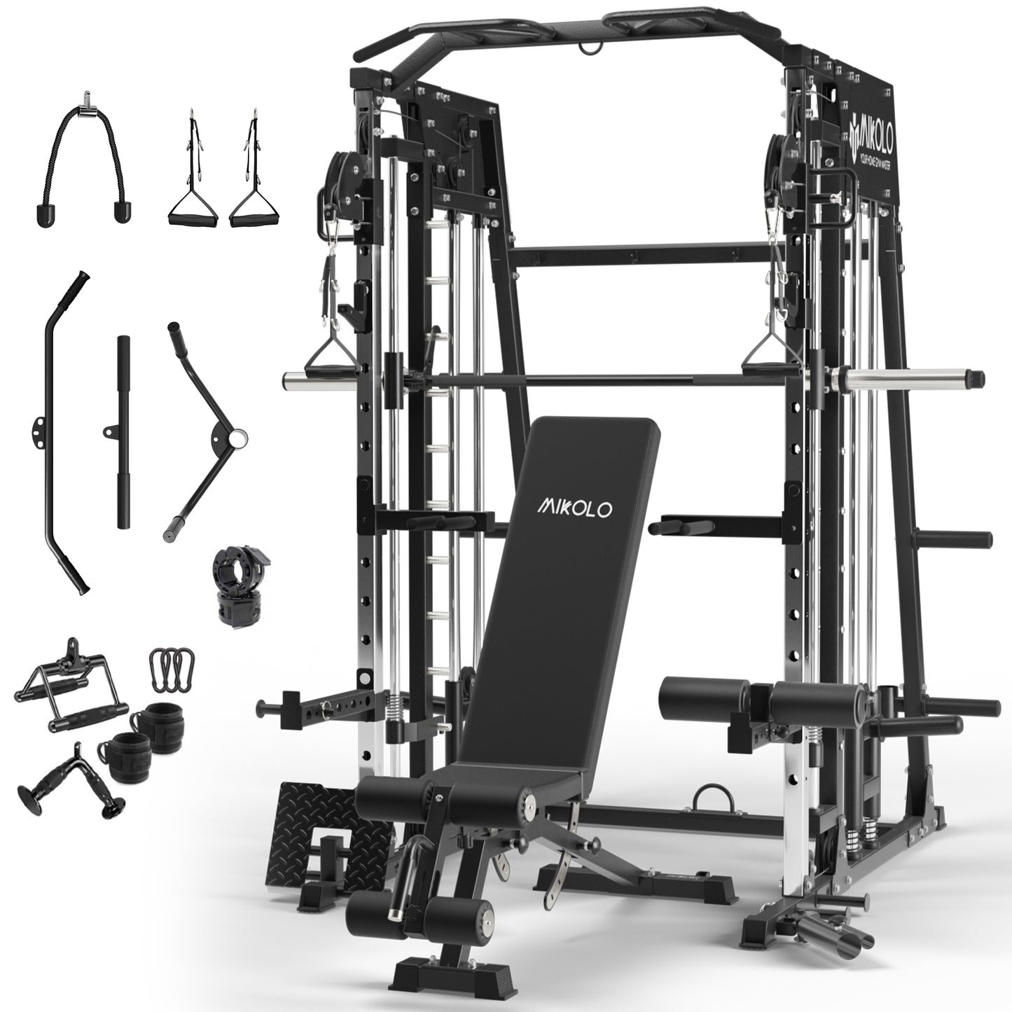 Mikolo Smith Machine Home Gym, 2200 lbs Power Rack Cage with Cable Crossover, Smith Cage with Ultimate Home Package