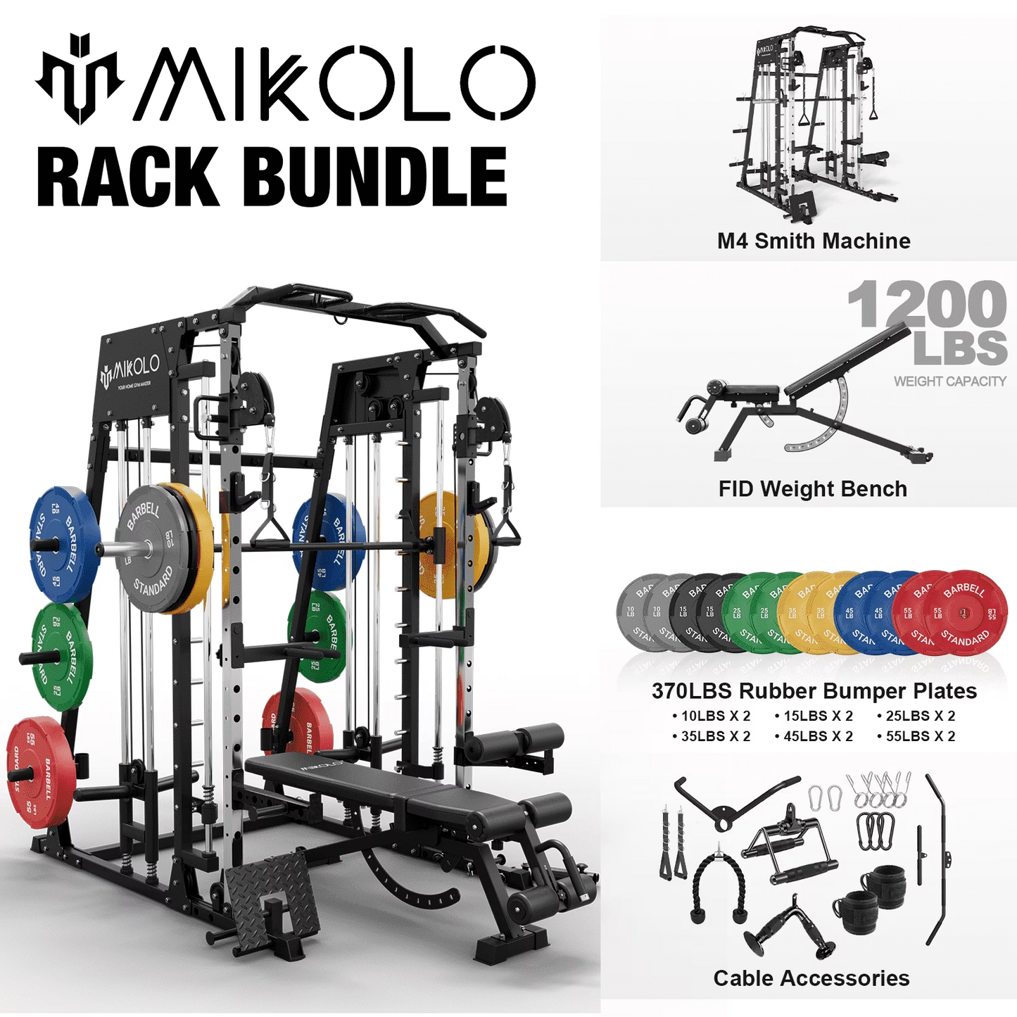 Mikolo Smith Machine Home Gym, 2200 lbs Power Rack Cage with Cable Crossover, Power Rack with 1200LB Capacity Adjustable Weight Bench and 370 lbs Weight Plate, Total Body Strength Training Equipment