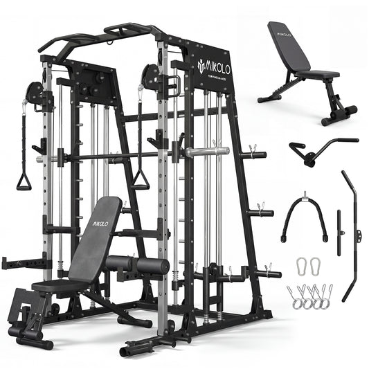 Mikolo M4 Smith Machine Home Gym, 2200 lbs Power Rack Cage with Cable Crossover, Weight Bar, 360° Landmine, Barbell Holders and Other Attachments, Total Body Strength Training Cage