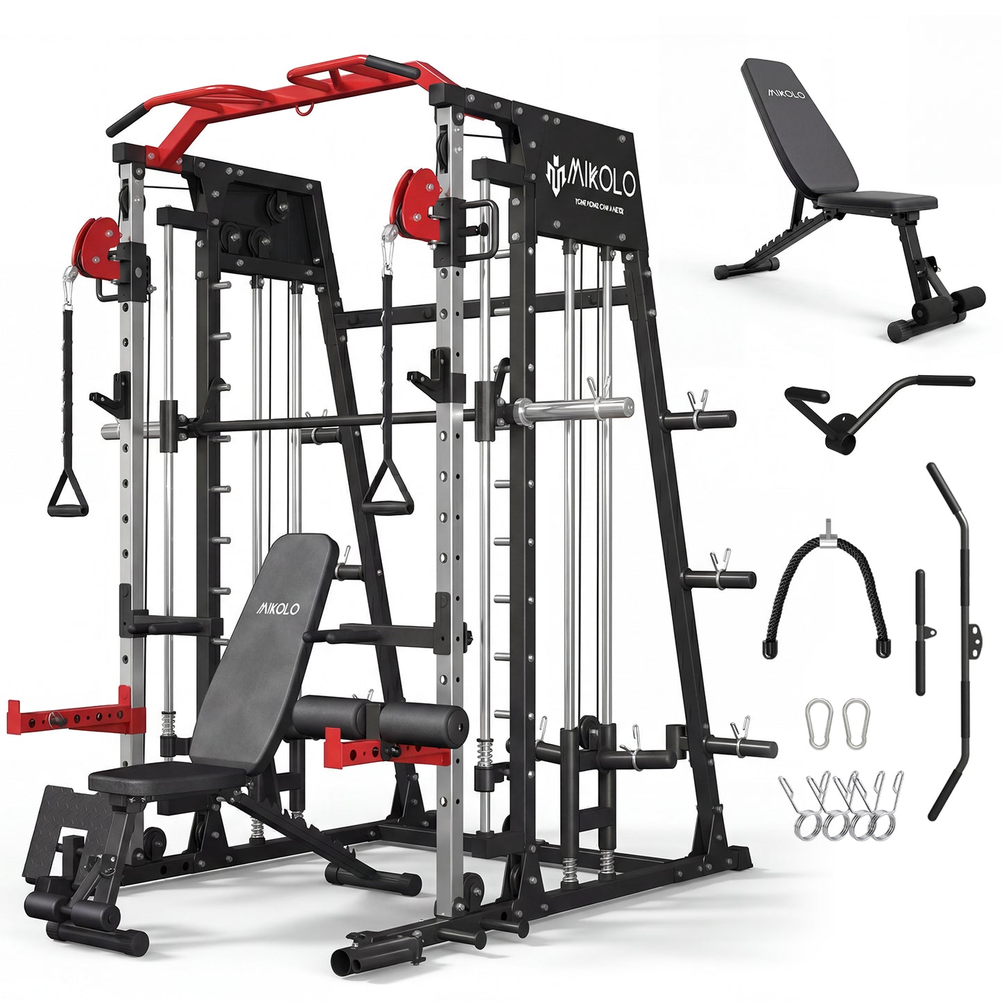 Mikolo M4 Smith Machine Home Gym, 2200 lbs Power Rack Cage with Cable Crossover, Weight Bar, 360° Landmine, Barbell Holders and Other Attachments, Total Body Strength Training Cage
