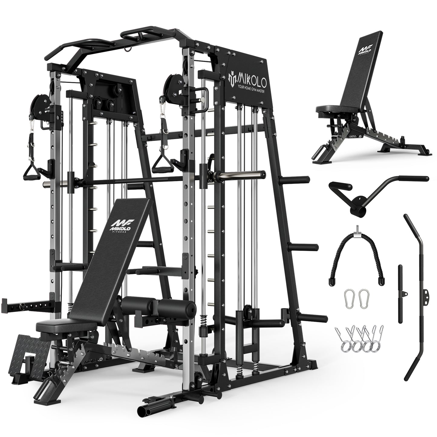 Mikolo Smith Machine Home Gym, 2200 lbs Power Rack Cage with Cable Crossover, Power Rack with 1200LB Capacity Adjustable Weight Bench and 340 lbs Weight Plate, Total Body Strength Training Equipment