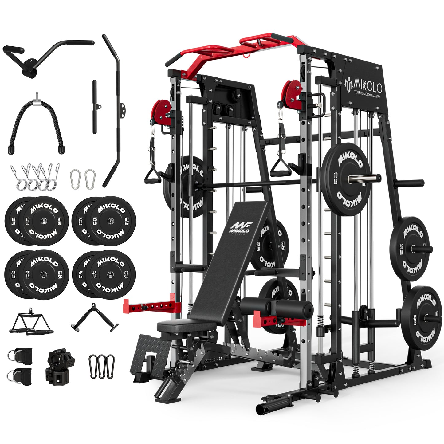 Mikolo Smith Machine Home Gym, 2200 lbs Power Rack Cage with Cable Crossover, Power Rack with 1200LB Capacity Adjustable Weight Bench and 340 lbs Weight Plate, Total Body Strength Training Equipment