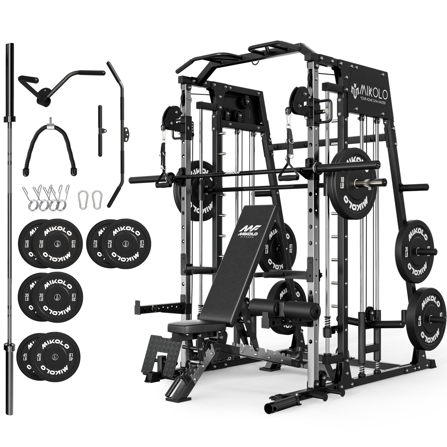 Mikolo Smith Machine Home Gym, 2200 lbs Power Rack Cage with Cable Crossover, Power Rack with 1200LB Capacity Adjustable Weight Bench and 340 lbs Weight Plate, Total Body Strength Training Equipment