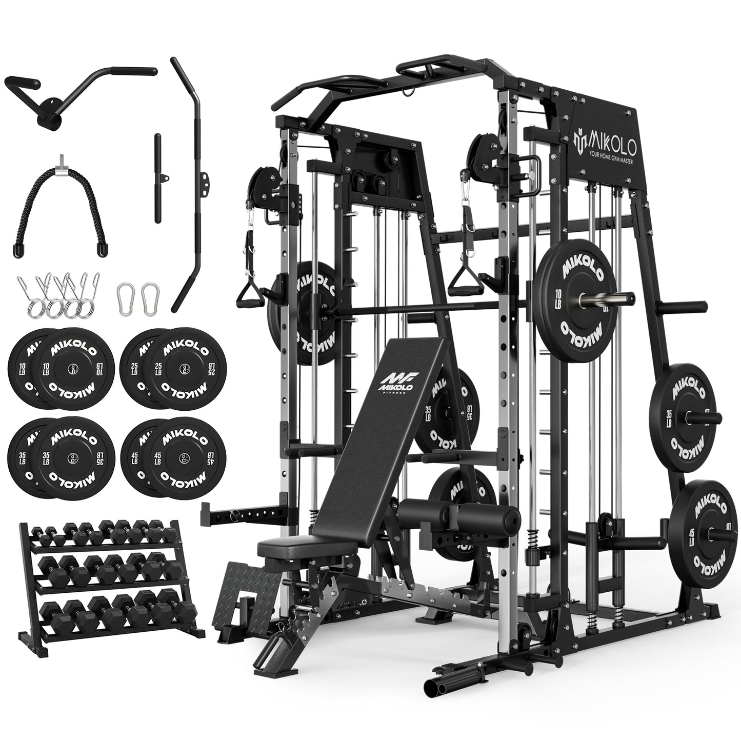 Mikolo Smith Machine Home Gym, 2200 lbs Power Rack Cage with Cable Crossover, Power Rack with 1200LB Capacity Adjustable Weight Bench and 340 lbs Weight Plate, Total Body Strength Training Equipment