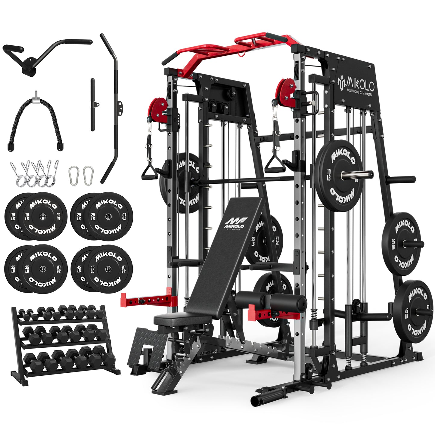 Mikolo Smith Machine Home Gym, 2200 lbs Power Rack Cage with Cable Crossover, Power Rack with 1200LB Capacity Adjustable Weight Bench and 340 lbs Weight Plate, Total Body Strength Training Equipment