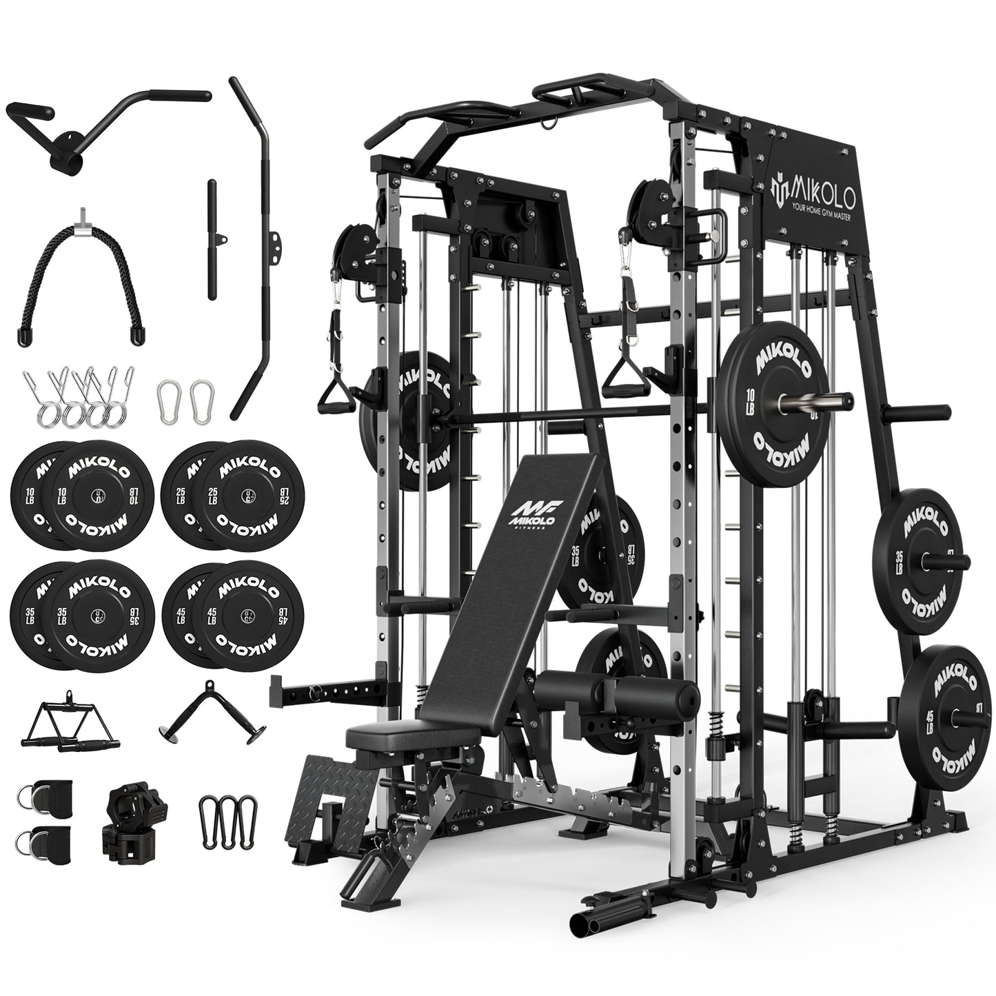 Mikolo Smith Machine Home Gym, 2200 lbs Power Rack Cage with Cable Crossover, Power Rack with 1200LB Capacity Adjustable Weight Bench and 340 lbs Weight Plate, Total Body Strength Training Equipment