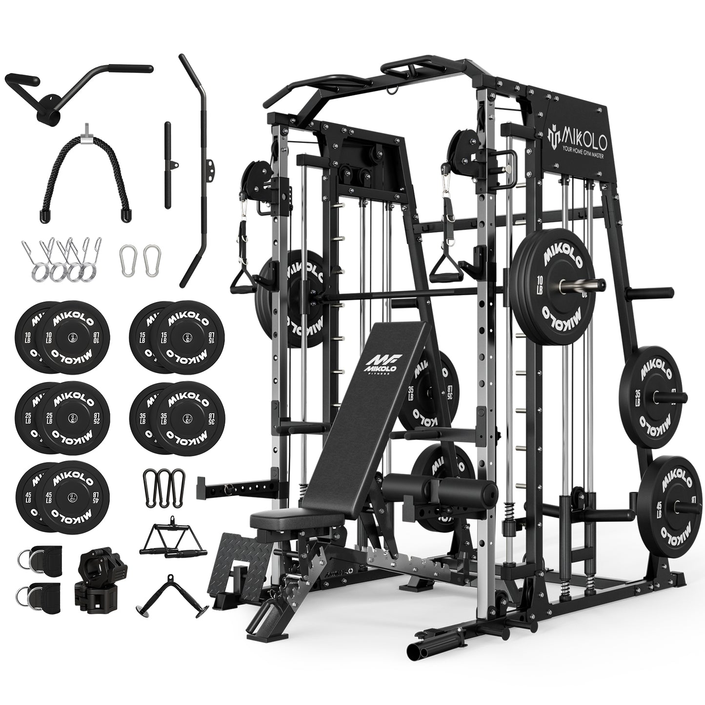 Mikolo Smith Machine Home Gym, 2200 lbs Power Rack Cage with Cable Crossover, Power Rack with 1200LB Capacity Adjustable Weight Bench and 340 lbs Weight Plate, Total Body Strength Training Equipment