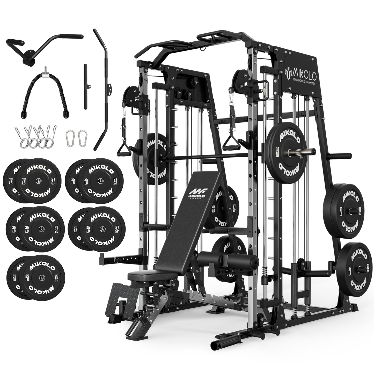 Mikolo Smith Machine Home Gym, 2200 lbs Power Rack Cage with Cable Crossover, Power Rack with 1200LB Capacity Adjustable Weight Bench and 340 lbs Weight Plate, Total Body Strength Training Equipment