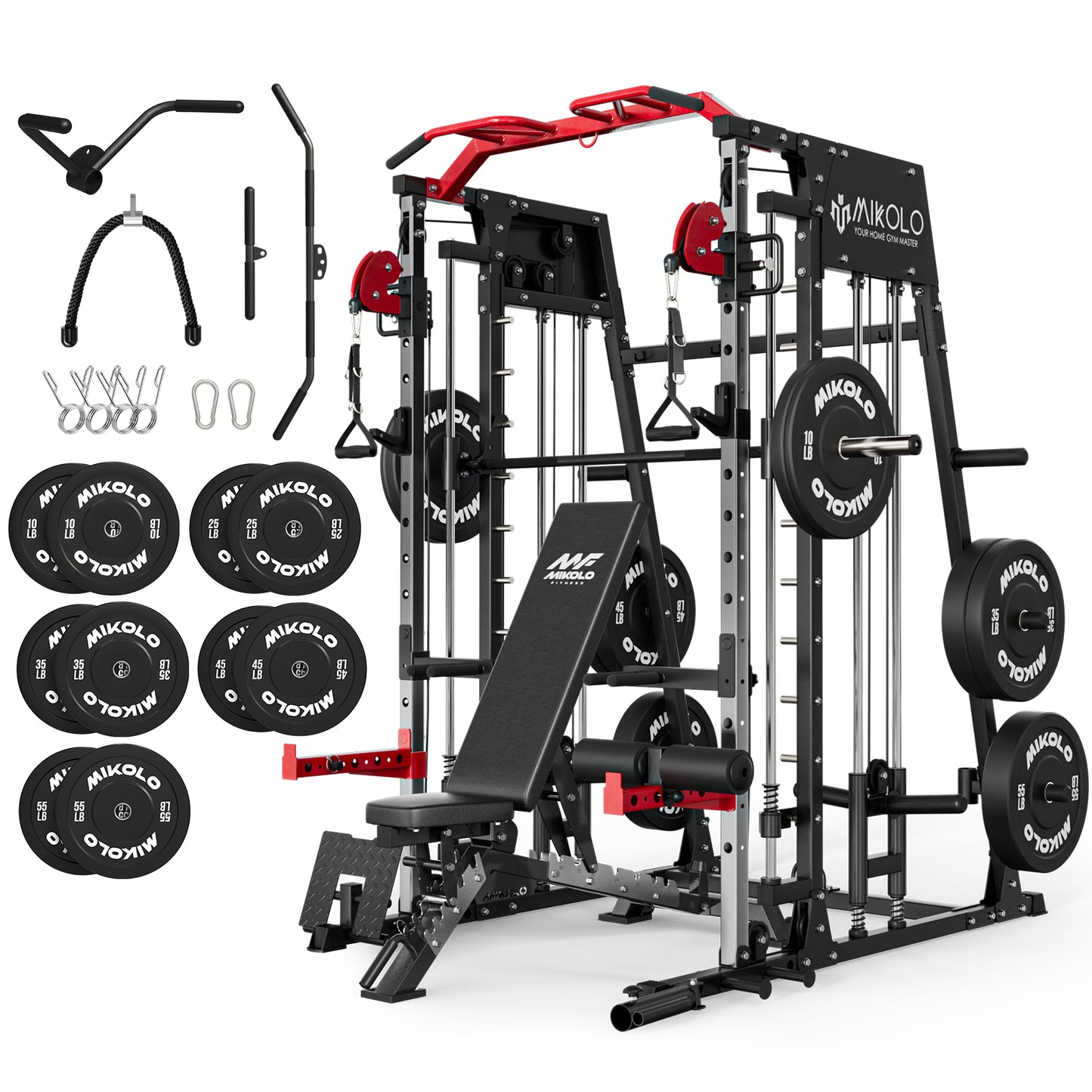 Mikolo Smith Machine Home Gym, 2200 lbs Power Rack Cage with Cable Crossover, Power Rack with 1200LB Capacity Adjustable Weight Bench and 340 lbs Weight Plate, Total Body Strength Training Equipment