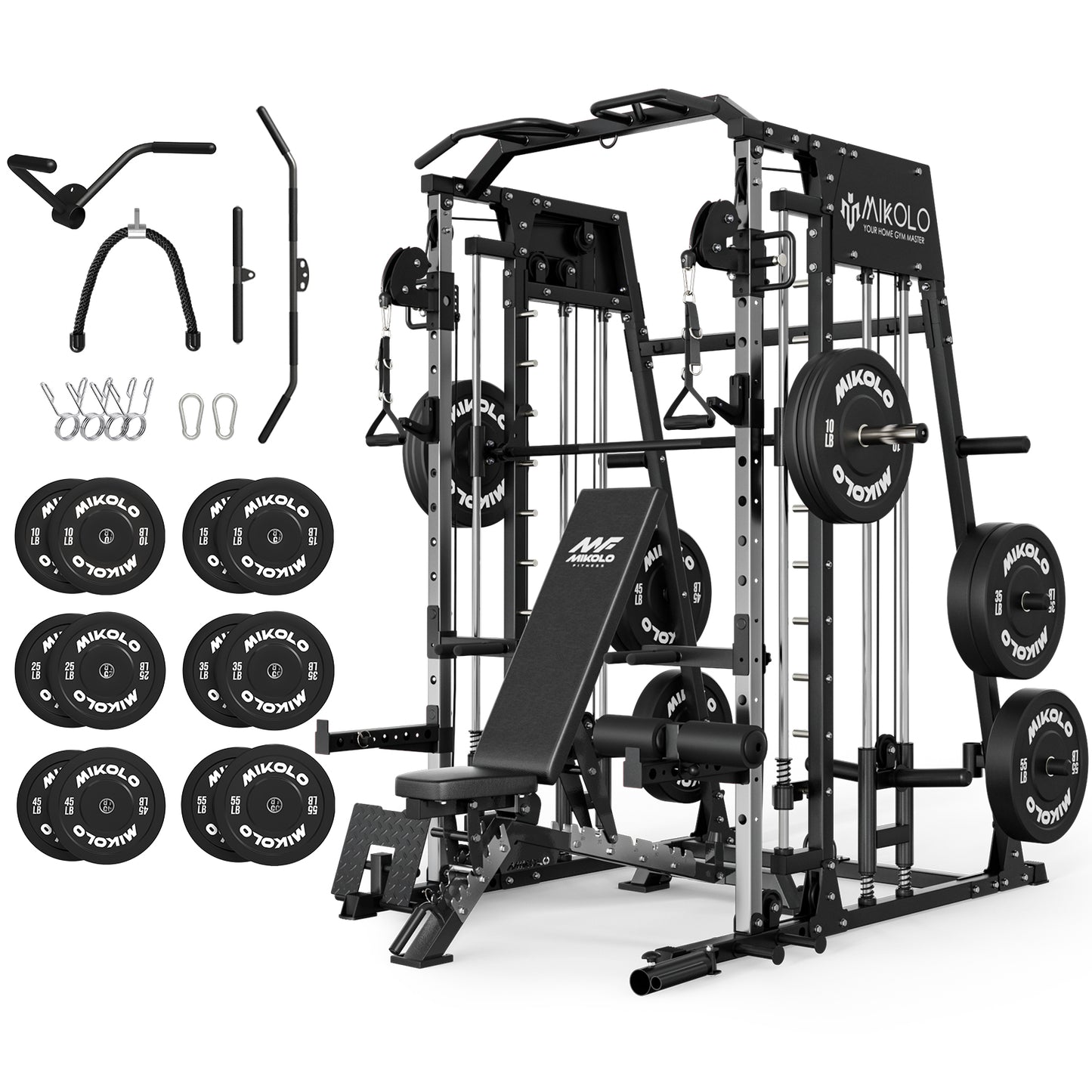 Mikolo Smith Machine Home Gym, 2200 lbs Power Rack Cage with Cable Crossover, Power Rack with 1200LB Capacity Adjustable Weight Bench and 340 lbs Weight Plate, Total Body Strength Training Equipment