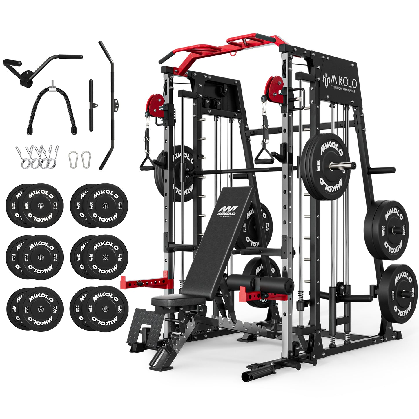 Mikolo Smith Machine Home Gym, 2200 lbs Power Rack Cage with Cable Crossover, Power Rack with 1200LB Capacity Adjustable Weight Bench and 340 lbs Weight Plate, Total Body Strength Training Equipment