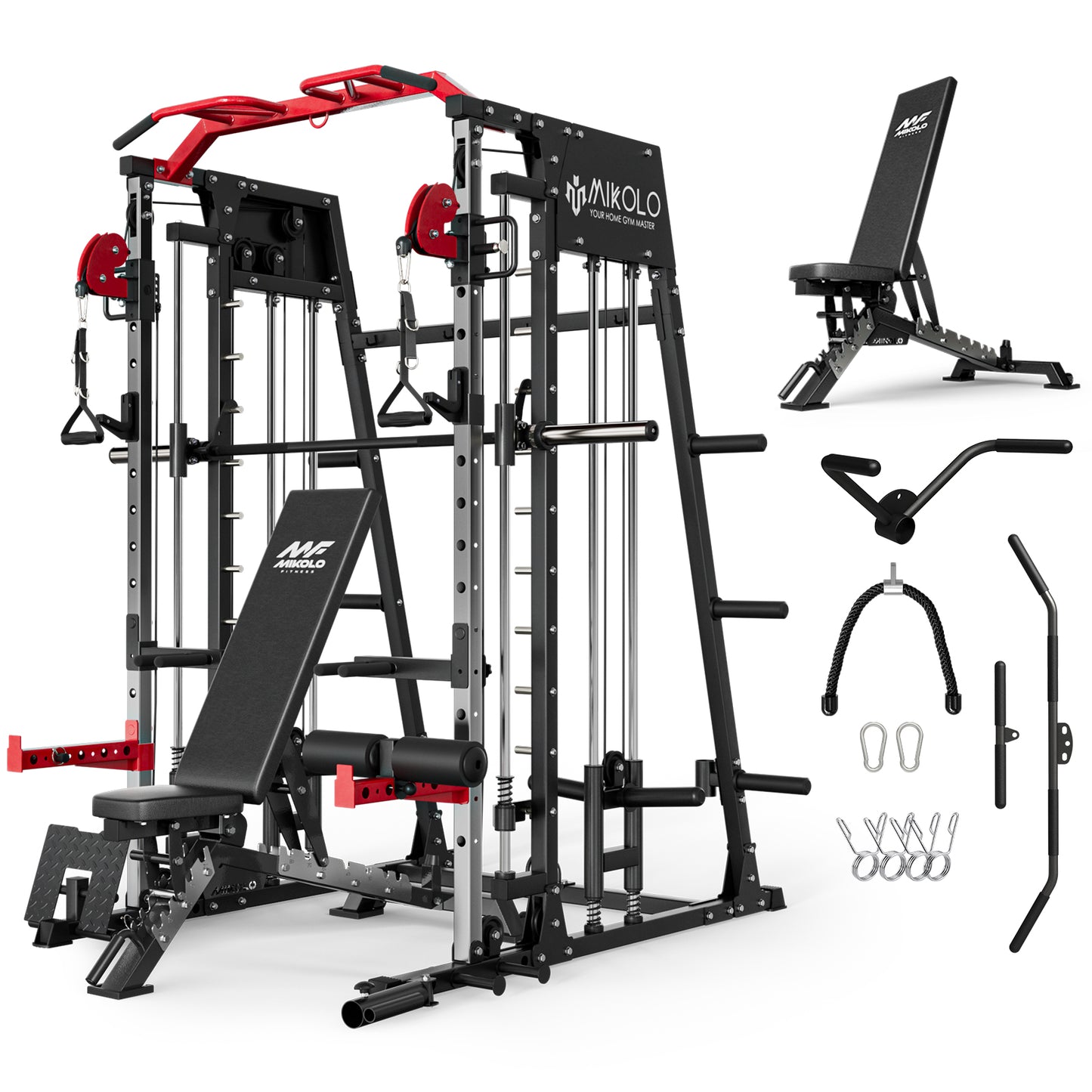Mikolo Smith Machine Home Gym, 2200 lbs Power Rack Cage with Cable Crossover, Power Rack with 1200LB Capacity Adjustable Weight Bench and 340 lbs Weight Plate, Total Body Strength Training Equipment