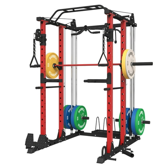 Mikolo Multi-Functional Power Rack, Power Cage with Dual Pulley System, Strength Training Squat Rack, Cable Crossover Machine Home Gym