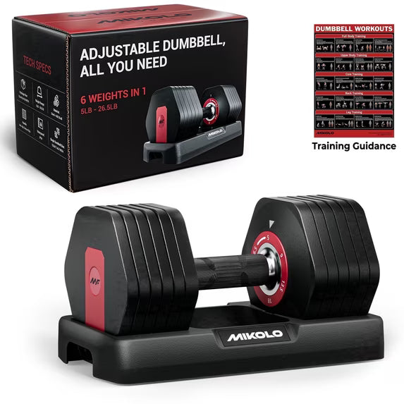 Mikolo Adjustable Dumbbells Set of 2, 1-Sec Adjustable Weights Dumbbells Set, 5LB - 26.5LB 6 in 1 Free Dumbbell with Anti-Slip Texture Handle, Weight Set For Home Gym