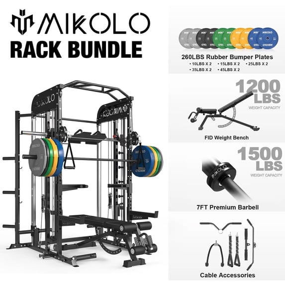 Mikolo Smith Machine, All-in-One Power Rack Cage with Vertical Leg Press, 2000LBS Power Cage Squat Rack with Smith Bar, Dual Pulley Cable Crossover System for Home Gym with Adjustable Dumbbells