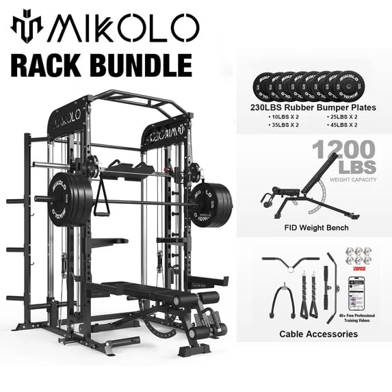 Mikolo Smith Machine, All-in-One Power Rack Cage with Vertical Leg Press, 2000LBS Power Cage Squat Rack with Smith Bar, Dual Pulley Cable Crossover System for Home gym