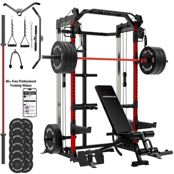Mikolo Red Power Rack Cage with Dual Pulley Cable Crossover Machine,Multi-Function Squat Rack with J Hooks,Dip Bars and Landmine for Home Gym with 370 Black Weight Plates