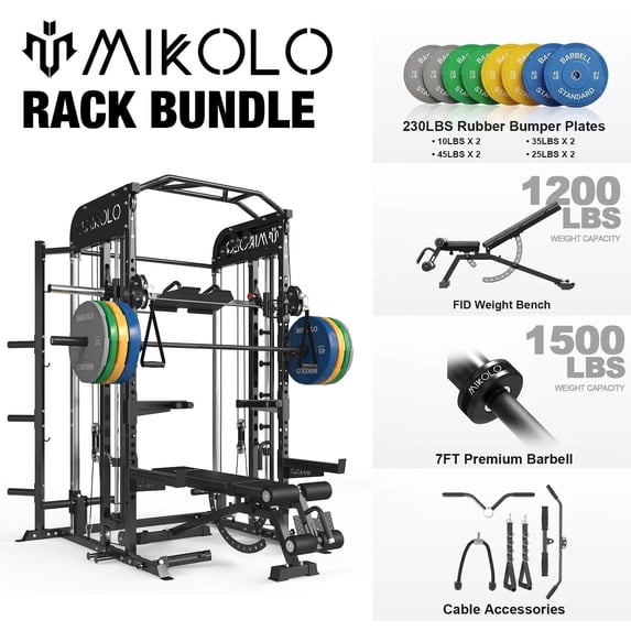 Mikolo Smith Machine, All-in-One Power Rack Cage with Vertical Leg Press, 2000LBS Power Cage Squat Rack with Smith Bar, Dual Pulley Cable Crossover System for Home Gym with Adjustable Dumbbells