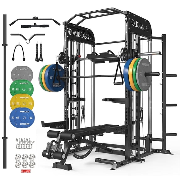 Mikolo Smith Machine, All-in-One Power Cage with Vertical Leg Press, 2000LBS Squat Rack with Smith Bar, Dual Pulley Cable Crossover System for Home Gym with Barbell Bench and 230 Black Plates