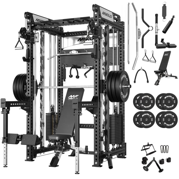 Mikolo Anubis-2.0 Smith Machine with Weight Stack, 3“×3” All-in-One Power Cage with Aluminum Pulley System for Fitness Home Gym and Weight Bench,230LB Weight Plates