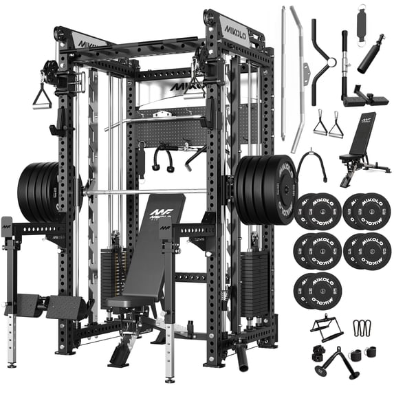Mikolo Anubis-2.0 Smith Machine with Weight Stack, 3“×3” All-in-One Power Cage with Aluminum Pulley System for Fitness Home Gym and Weight Bench,230LB Weight Plates