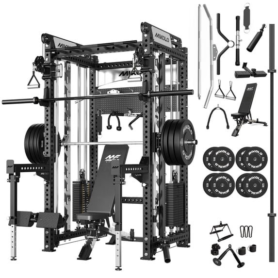 Mikolo Anubis-2.0 Smith Machine with Weight Stack, 3“×3” All-in-One Power Cage with Aluminum Pulley System for Fitness Home Gym and Weight Bench,230LB Weight Plates