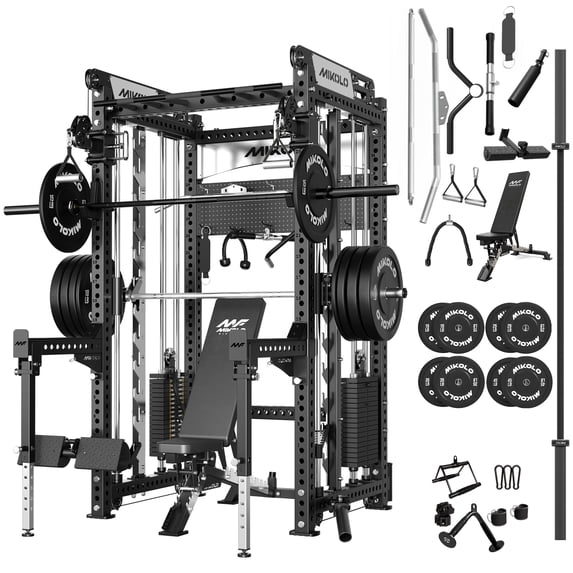 Mikolo Anubis-2.0 Smith Machine with Weight Stack, 3“×3” All-in-One Power Cage with Aluminum Pulley System for Fitness Home Gym and Weight Bench,230LB Weight Plates