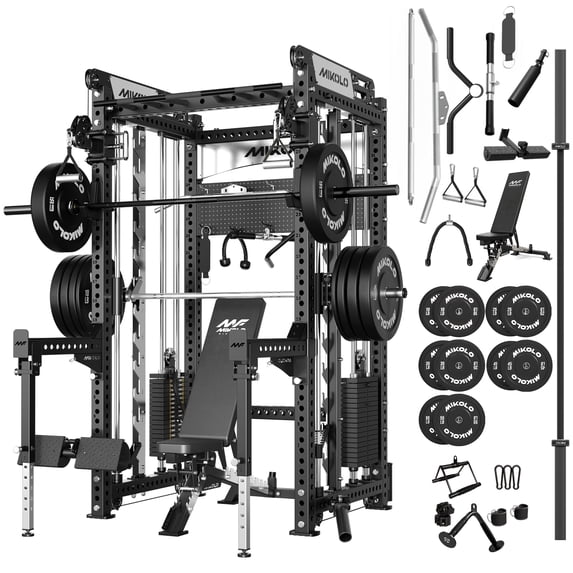 Mikolo Anubis-2.0 Smith Machine with Weight Stack, 3“×3” All-in-One Power Cage with Aluminum Pulley System for Fitness Home Gym and Weight Bench,230LB Weight Plates