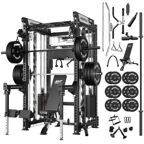 Mikolo Anubis-2.0 Smith Machine with Weight Stack, 3“×3” All-in-One Power Cage with Aluminum Pulley System for Fitness Home Gym and Weight Bench,230LB Weight Plates