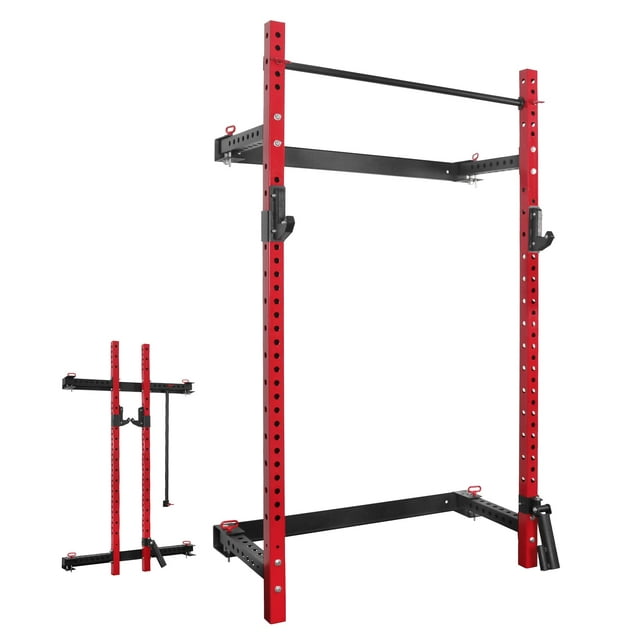 Mikolo Clearance Folding Squat Rack ,1000lbs Capacity Wall Mounted Power Rack with Pull-up Bar,J Hook,Landmine,Space Saving Home Gym