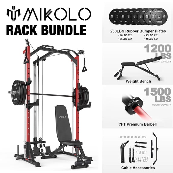 Mikolo Compact 7-IN-1 Smith Machine With Cable Crossover System, 1000LBS Multi-Functional Squat Rack, Workout Station with Weight Bar, Bend Peg and Other Functional Attachments