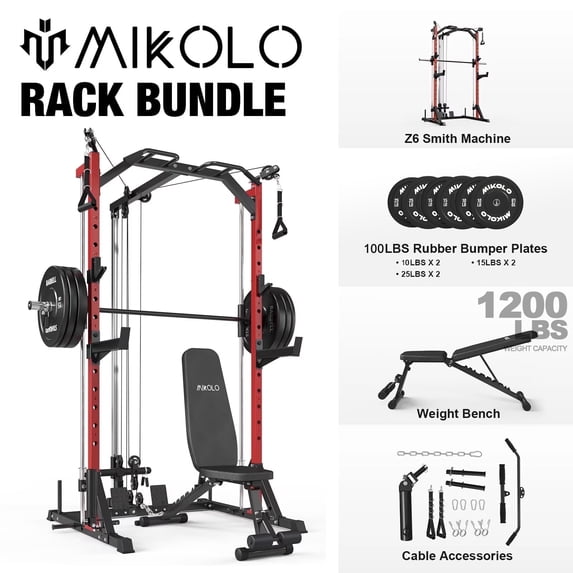 Mikolo Compact 7-IN-1 Smith Machine With Cable Crossover System, 1000LBS Multi-Functional Squat Rack, Workout Station with Weight Bar, Bend Peg and Other Functional Attachments
