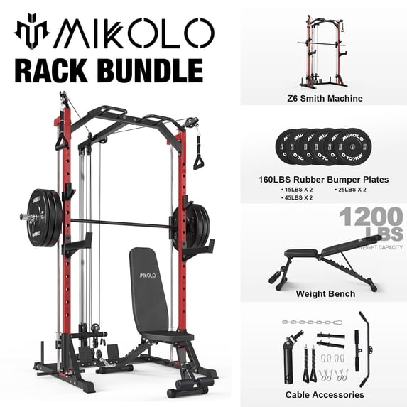 Mikolo Compact 7-IN-1 Smith Machine With Cable Crossover System, 1000LBS Multi-Functional Squat Rack, Workout Station with Weight Bar, Bend Peg and Other Functional Attachments