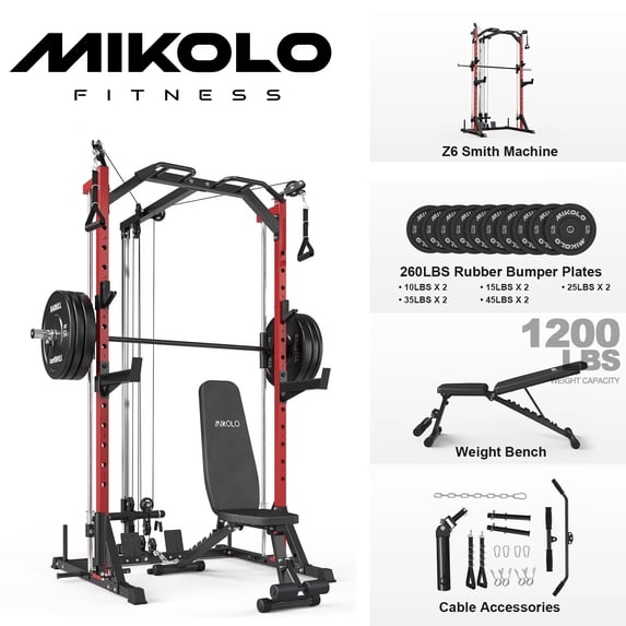 Mikolo Compact 7-IN-1 Smith Machine With Cable Crossover System, 1000LBS Multi-Functional Squat Rack, Workout Station with Weight Bar, Bend Peg and Other Functional Attachments