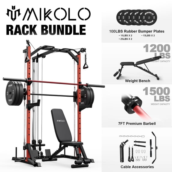 Mikolo Compact 7-IN-1 Smith Machine With Cable Crossover System, 1000LBS Multi-Functional Squat Rack, Workout Station with Weight Bar, Bend Peg and Other Functional Attachments