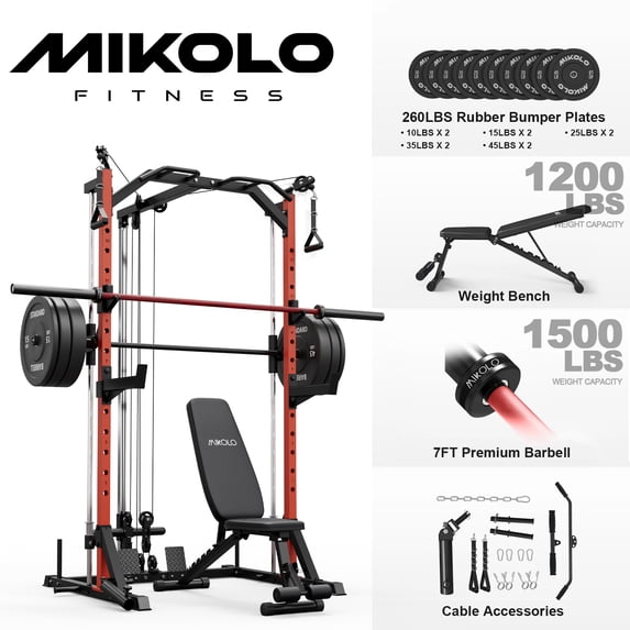 Mikolo Compact 7-IN-1 Smith Machine With Cable Crossover System, 1000LBS Multi-Functional Squat Rack, Workout Station with Weight Bar, Bend Peg and Other Functional Attachments