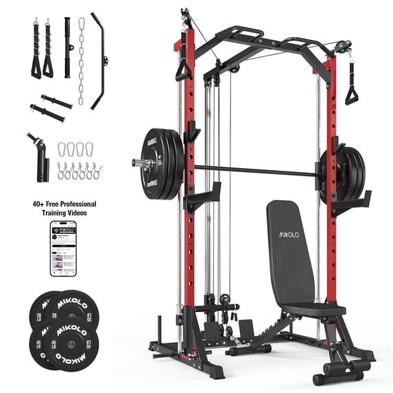 Mikolo Smith Machine Home Gym, 7-in-1 Multi-Function Squat Rack with Cable Crossover, 1000LBS Workout Station with Smith Bar, Barbell, and Weight Bench and 10lb/25lb x2 Weight Plates