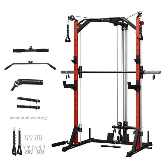 Mikolo Compact 7-IN-1 Smith Machine With Cable Crossover System, 1000LBS Multi-Functional Squat Rack, Workout Station with Weight Bar, Bend Peg and Other Functional