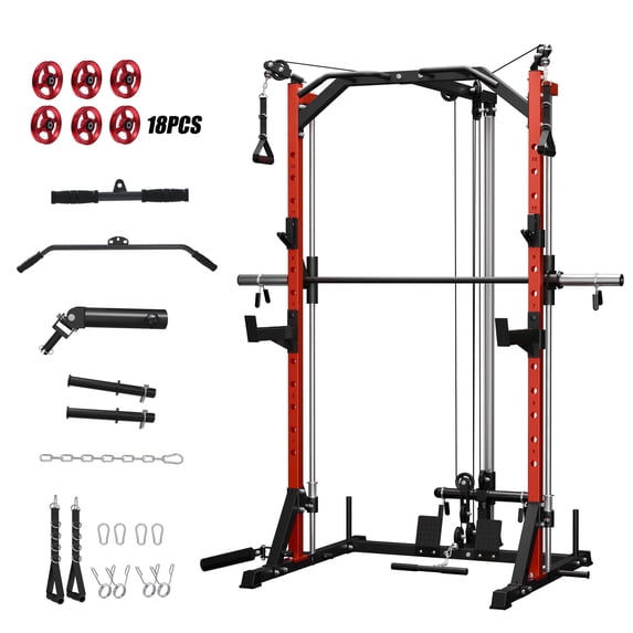 Mikolo Compact 7-IN-1 Smith Machine With Cable Crossover System, 1000LBS Multi-Functional Squat Rack, Workout Station with Weight Bar, Bend Peg and Other Functional Attachments