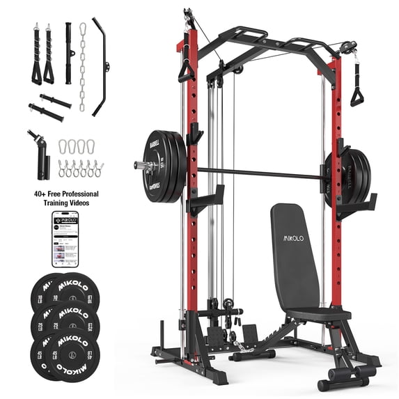 Mikolo Smith Machine Home Gym, 7-in-1 Multi-Function Squat Rack with Cable Crossover, 1000LBS Workout Station with Smith Bar, Barbell, and Weight Bench and 10lb/25lb x2 Weight Plates