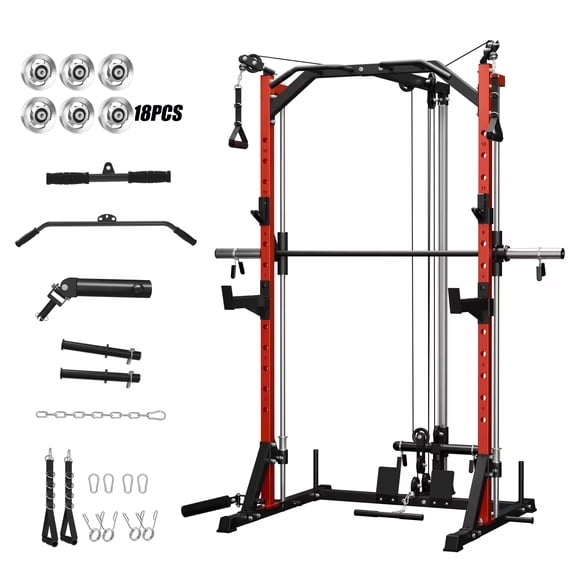 Mikolo Compact 7-IN-1 Smith Machine With Cable Crossover System, 1000LBS Multi-Functional Squat Rack, Workout Station with Weight Bar, Bend Peg and Other Functional