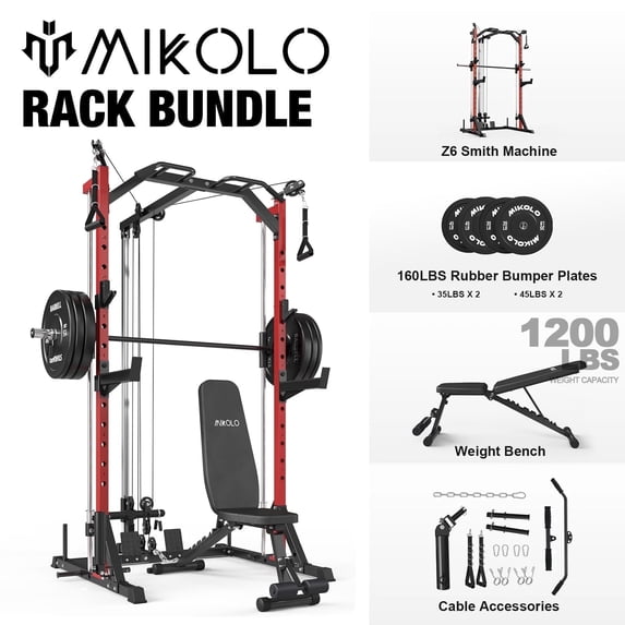 Mikolo Compact 7-IN-1 Smith Machine With Cable Crossover System, 1000LBS Multi-Functional Squat Rack, Workout Station with Weight Bar, Bend Peg and Other Functional Attachments