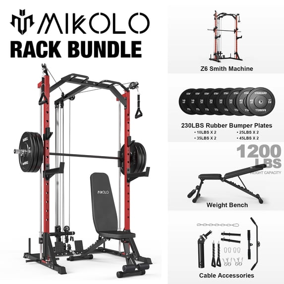 Mikolo Compact 7-IN-1 Smith Machine With Cable Crossover System, 1000LBS Multi-Functional Squat Rack, Workout Station with Weight Bar, Bend Peg and Other Functional