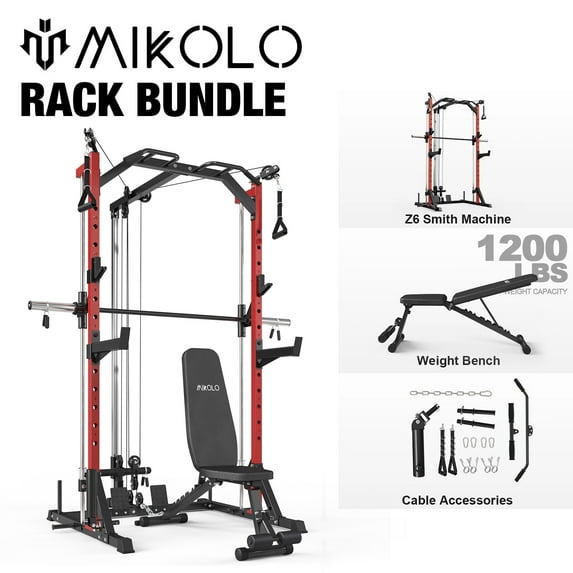 Mikolo Compact 7-IN-1 Smith Machine With Cable Crossover System, 1000LBS Multi-Functional Squat Rack, Workout Station with Weight Bar, Bend Peg and Other Functional Attachments