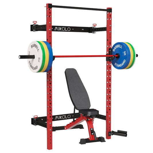 Mikolo Folding Power Rack Cage,1000lbs Capacity Wall Mounted Weight Rack with 800LB Capacity Weight Bench, 1500LB Capacity Barbell and 230LB Weight Plate set Combo, Home Gym Package