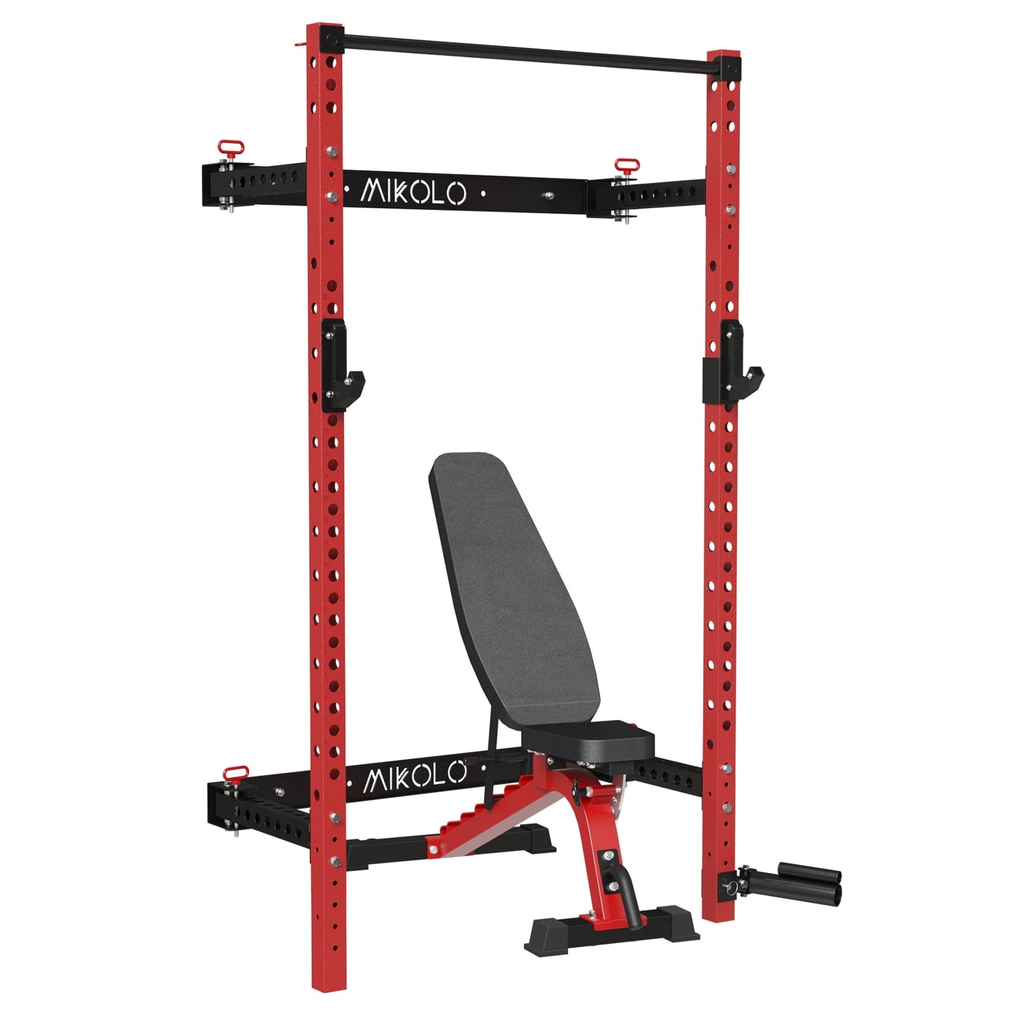 Mikolo Folding Power Rack Cage,1000lbs Capacity Wall Mounted Weight Rack with Pull-up Bar,Space Saving Home Gym Equipment with 800 lbs Capacity Weight Bench(Red)